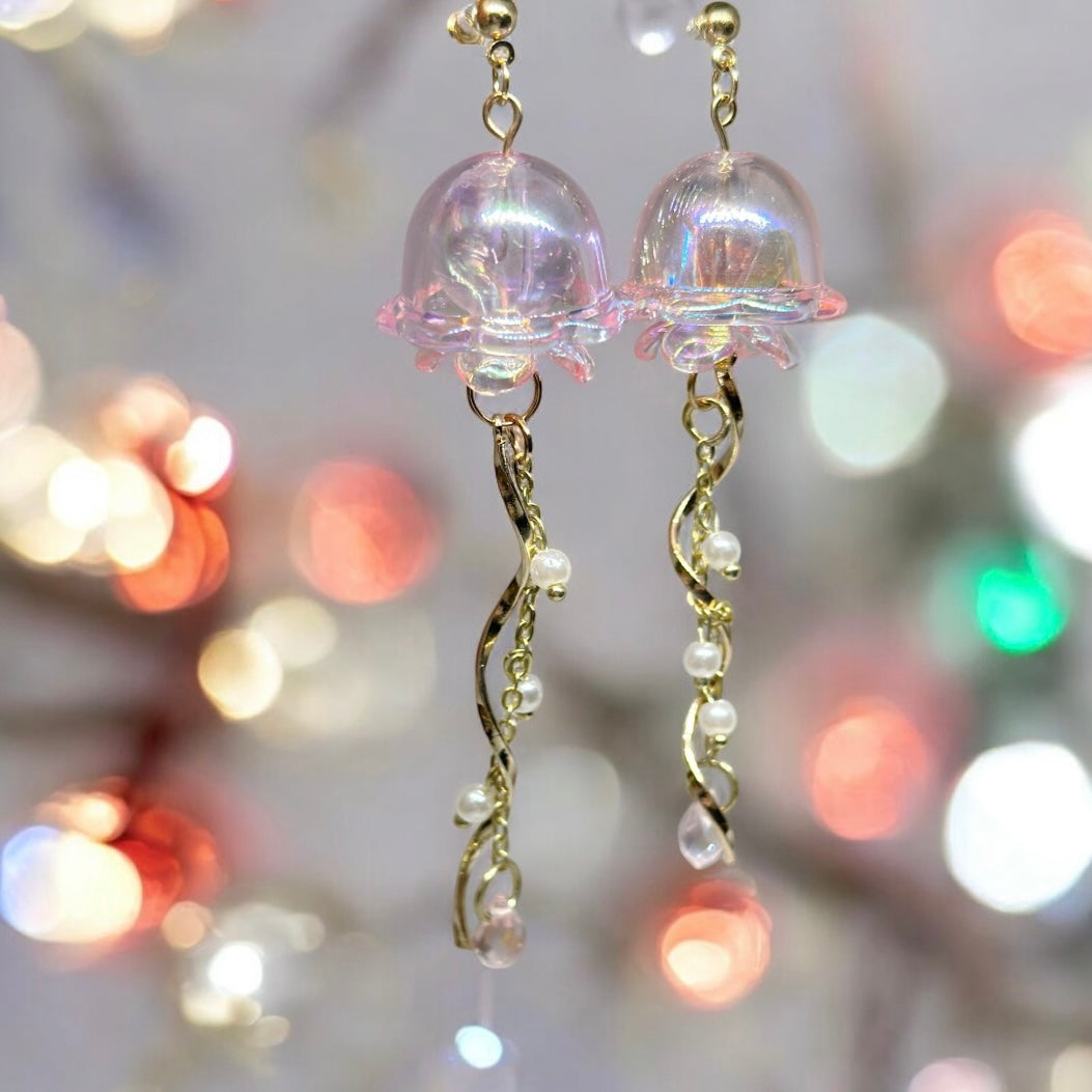 Pink sparkly clear Jellyfish earrings | sea creature zoology earrings | colourful clear iridescent dangle oversize earrings | halgoram earrings