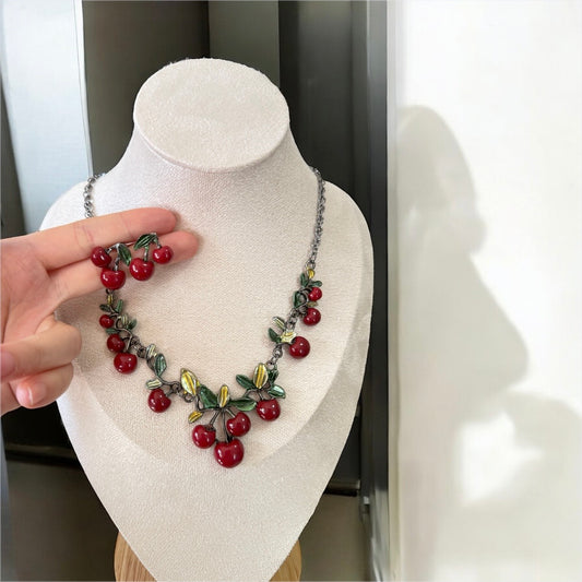 Cherry necklace and earring set with a touch of whimsy | green and red hues | cottagecore  | fairycore