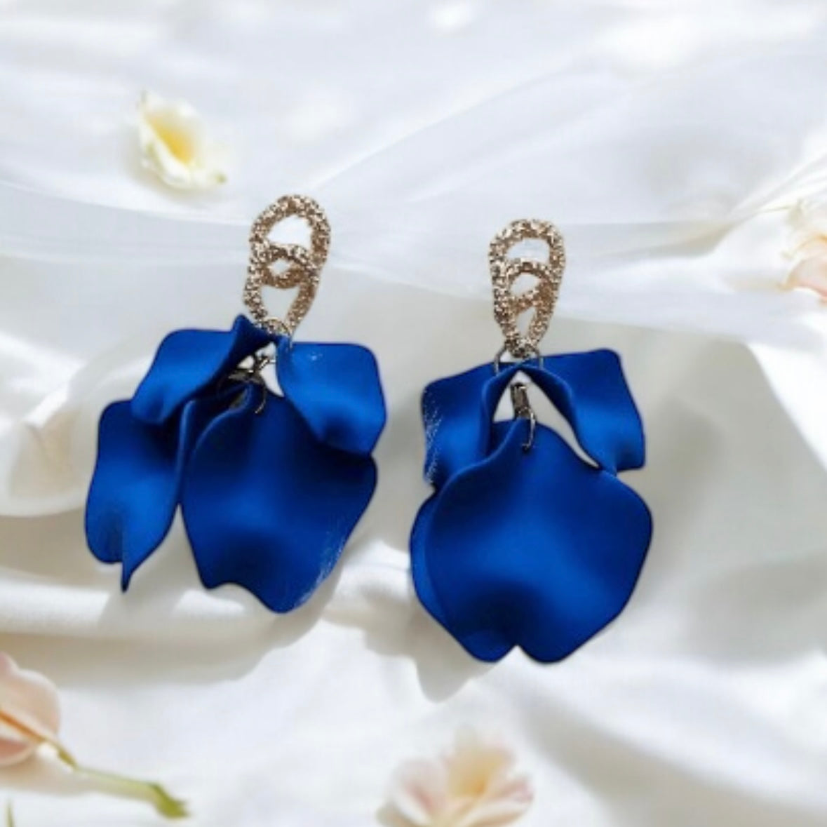 Blue flower earrings | dangle petals baroque earrings | unique gold geometric floral earrings | bridal party wedding earrings