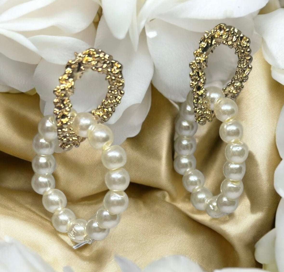 Golden pearl hoop earrings | pearl bead party earrings | open hoop earrings | gold textured lightweight statement earrings