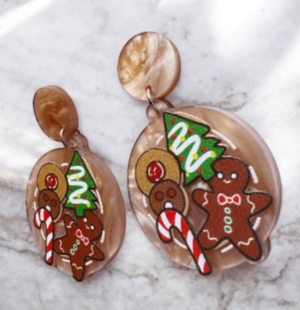 Ginger breadman earrings| christmas festival earrings | retro pop art fun lightweight earrings | glitter party earrings