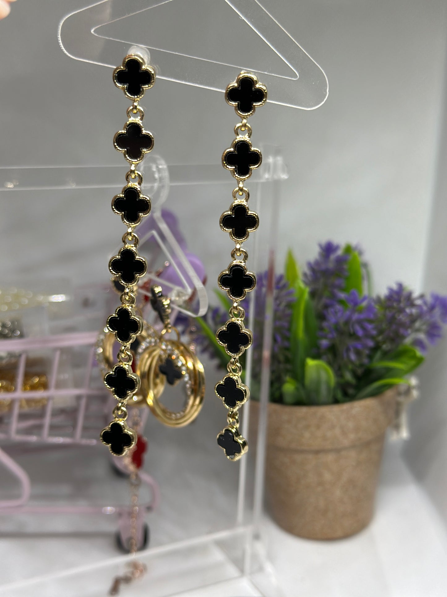 Golden clover earrings | long dangle elegant earrings