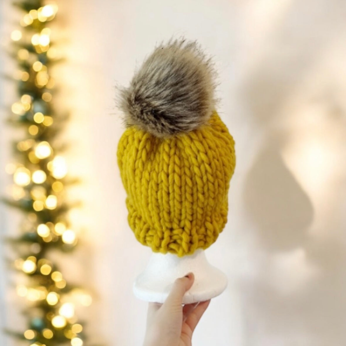 Super chunky faux fur pompom slouchy hat | knit winter beanie | cozy warm knit hat | super soft merino mustard yellow hat