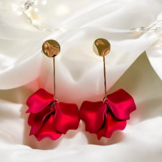 Hot christmas red iridescent flower earrings | roses petals baroque earrings | unique golden bar floral earrings | bridal wedding earrings