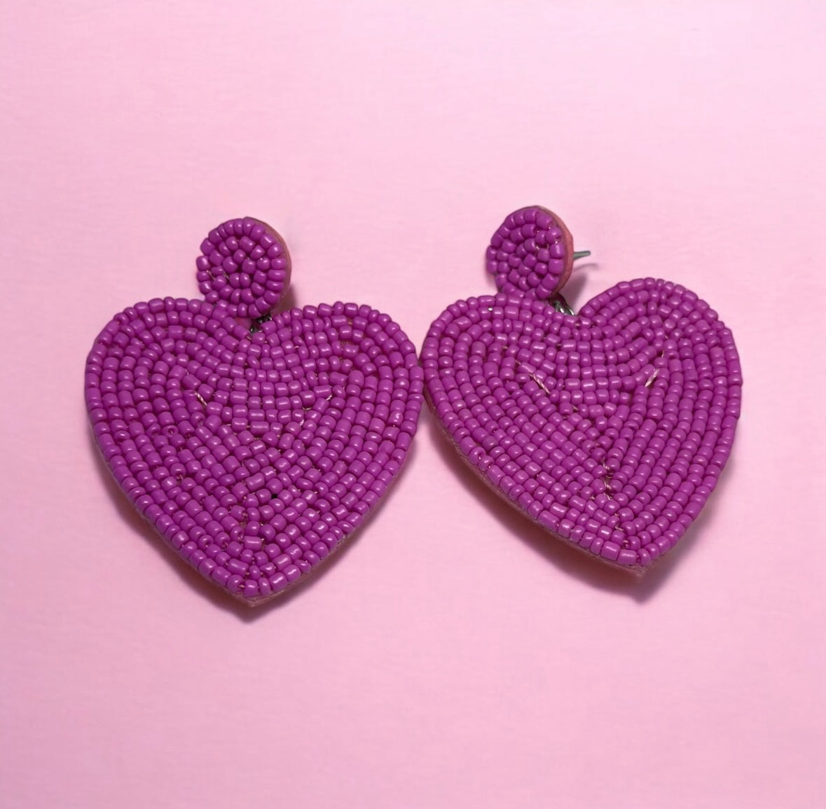 I HEART YOU Golden heart shaped earrings embossed | pink beaded oversize statement earrings | gold love earrings valentine