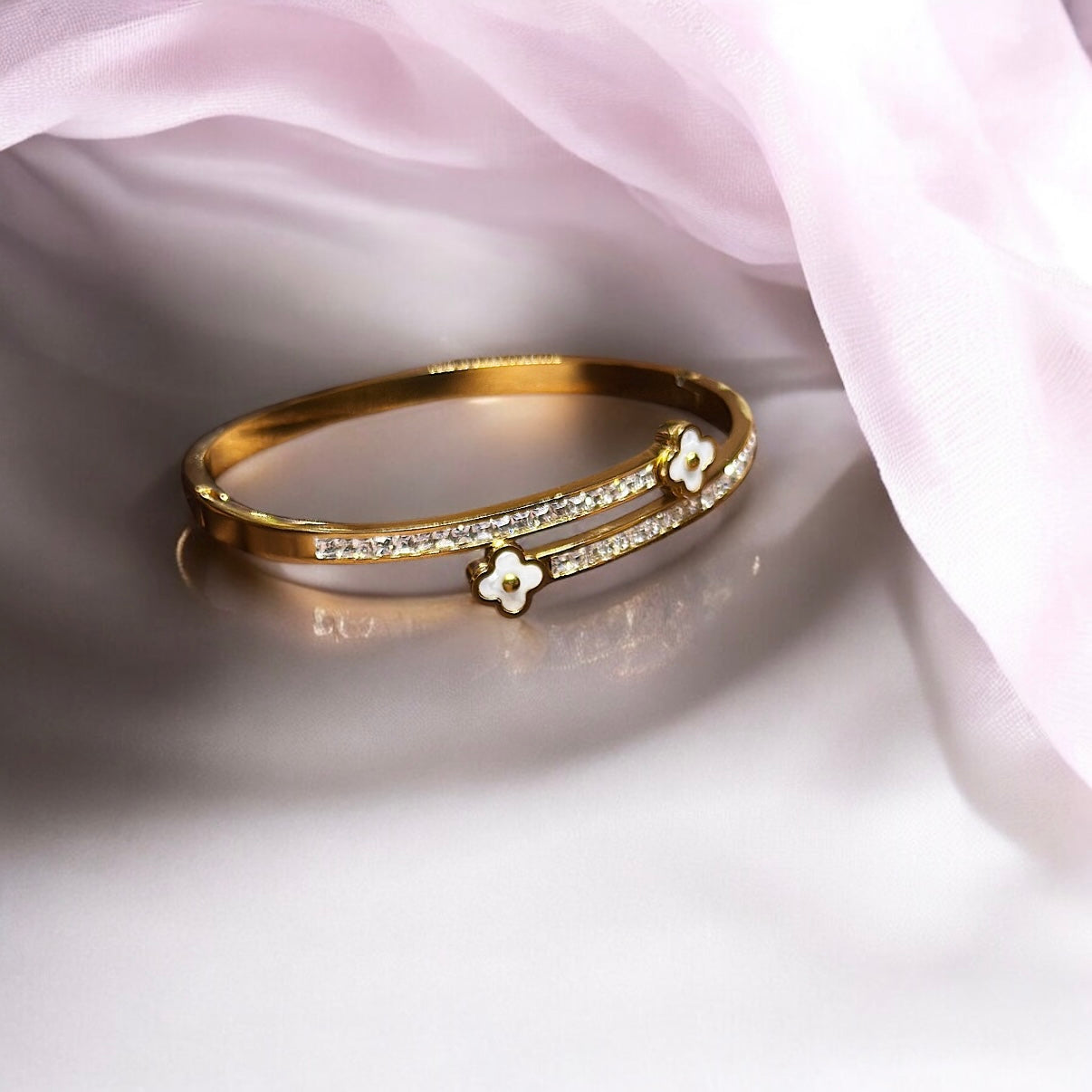 Gold bangle with clover| rhinestones embossed