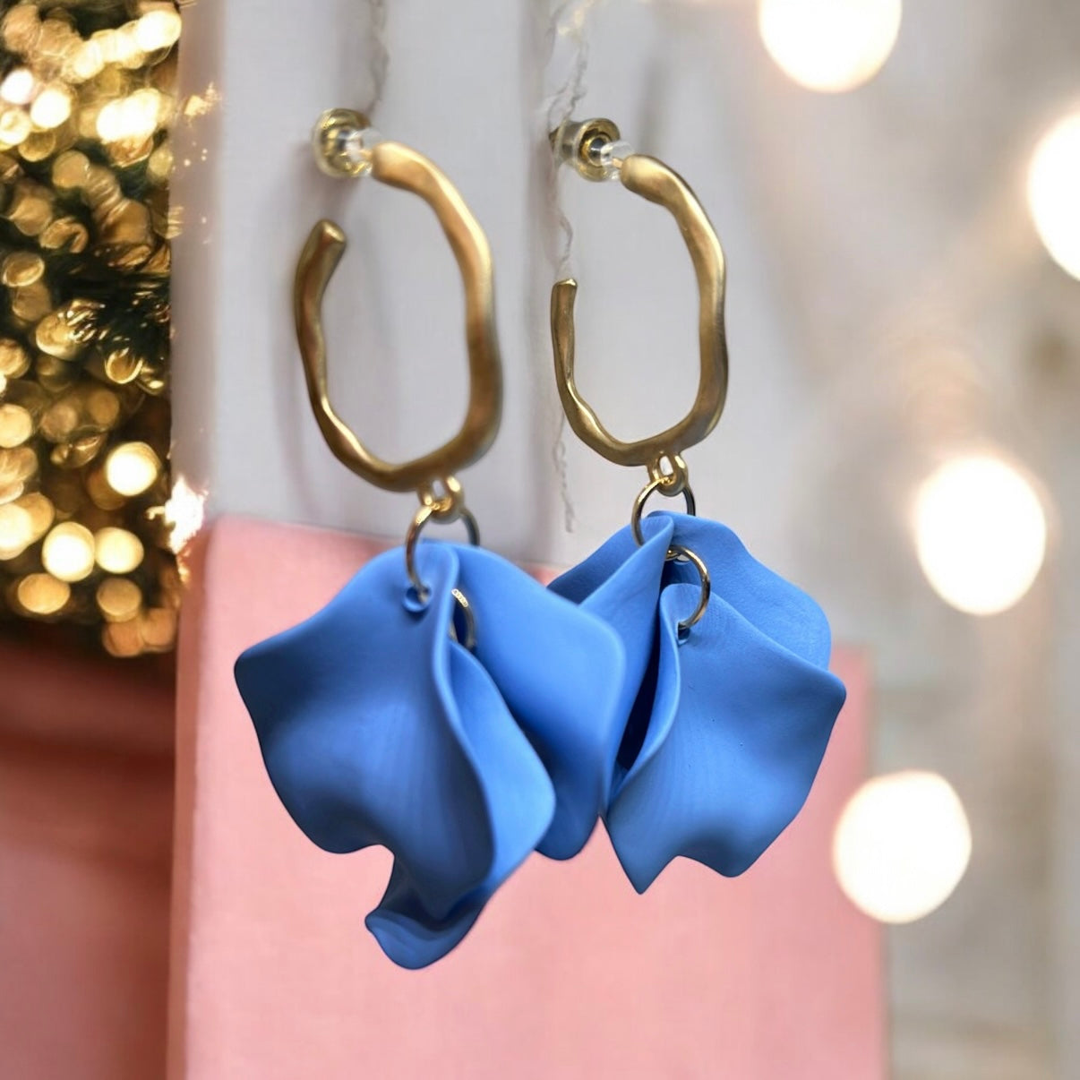 Pastel cornflower blue flower earrings |dangly earrings | matte petals colour statement earrings | unique gold geometric floral earrings