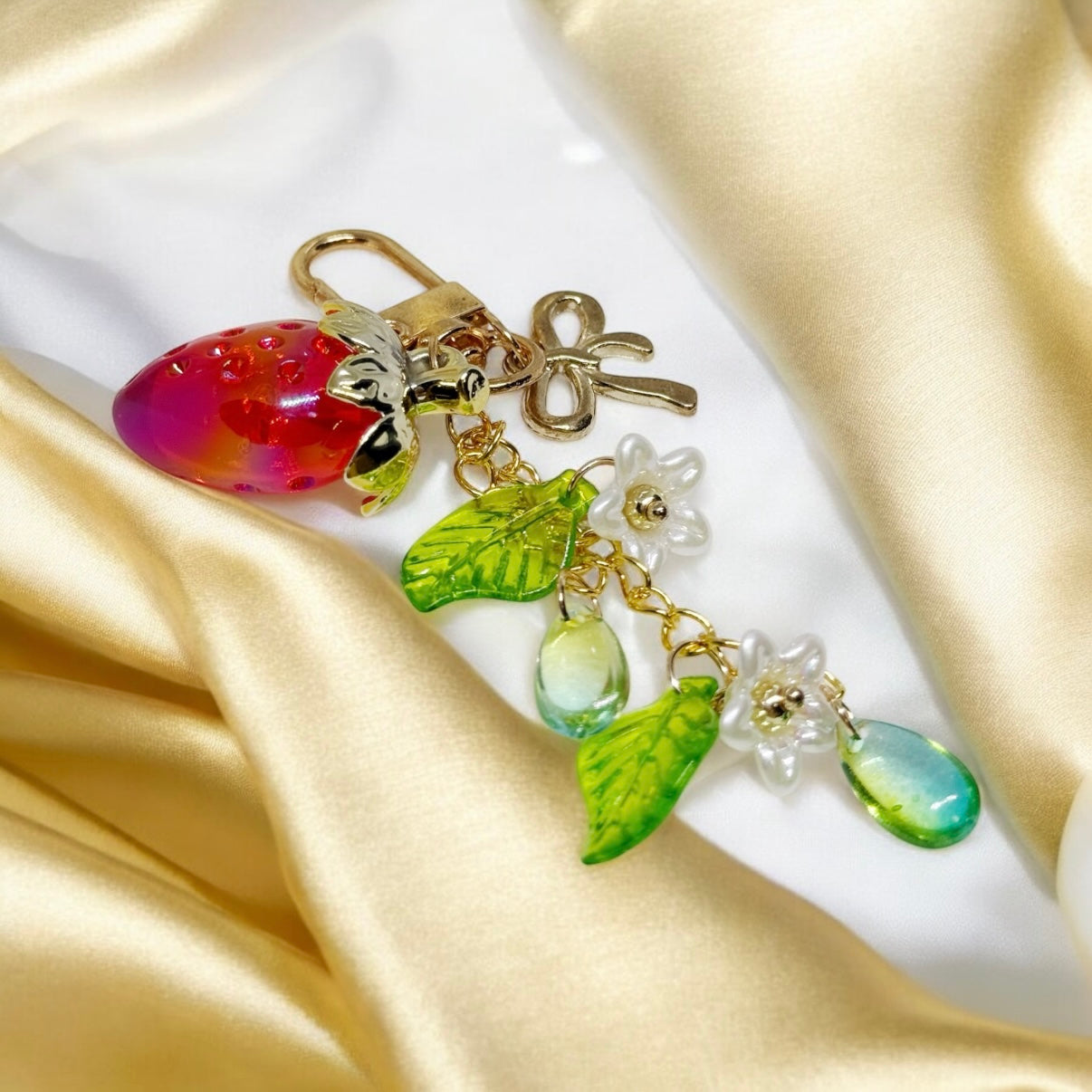 Strawberry bag charm | key chain | golden chain with flowers and leaf