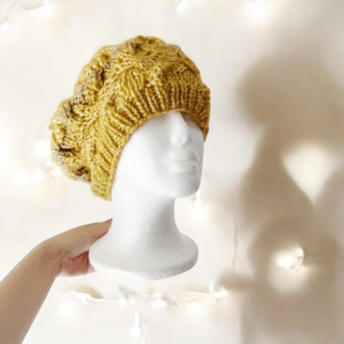 Handknit Cable Beanie | Knit Beret | Slouchy Hat in ombre yellow and brown | Knit beanie in beige | Fluffy and cozy winter hat