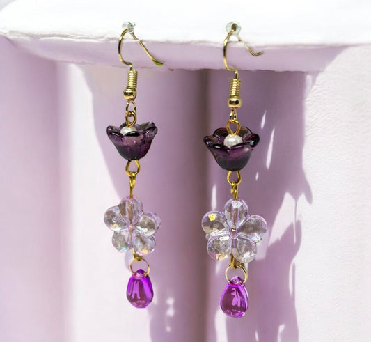 Purple flower earrings | golden leaf mini flower earrings | elegant floral dangle chain earrings