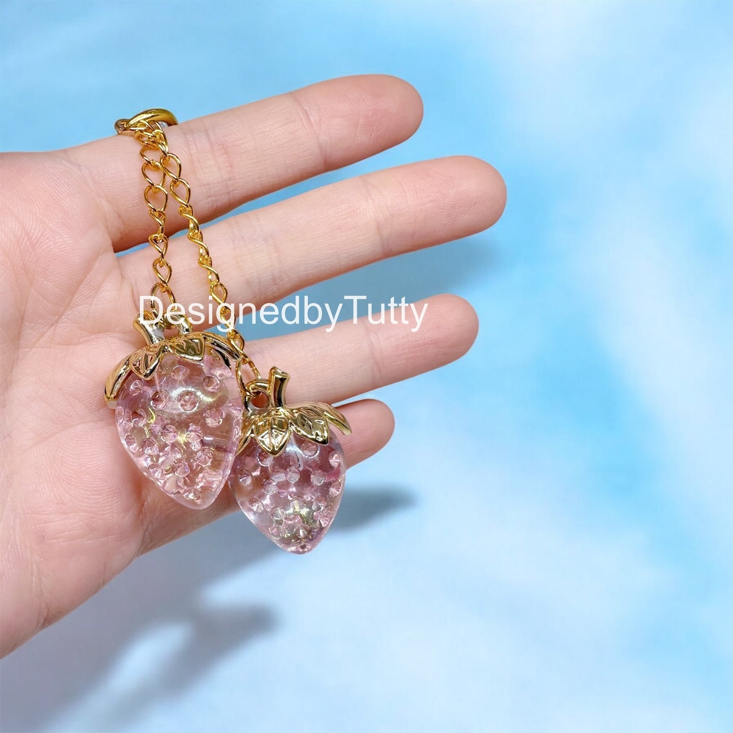 Strawberry bag charm | key chain | golden chain with heart bucket | y2k chain | bag lover gift