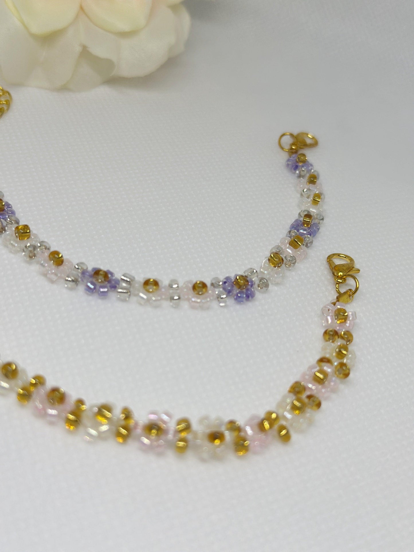 Pink or Purple Beaded bracelet with daisy pattern | golden colour chain | shinny decor bracelet |