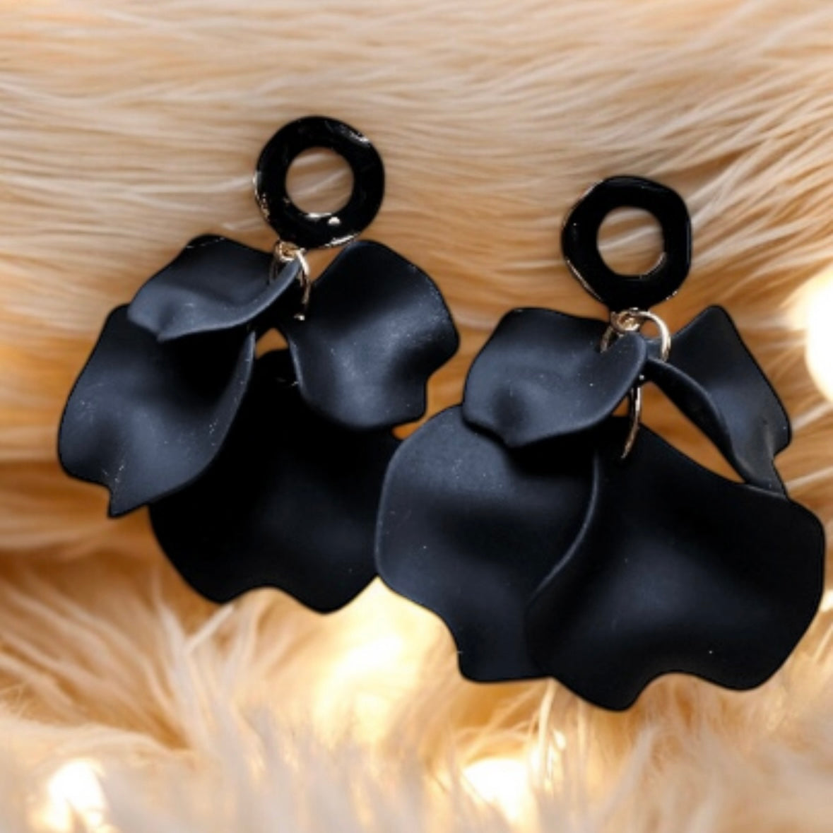 Pure black flowers earrings | frosted petals hoop earrings | statement earrings | golden crumpled geometric floral bridal earrings