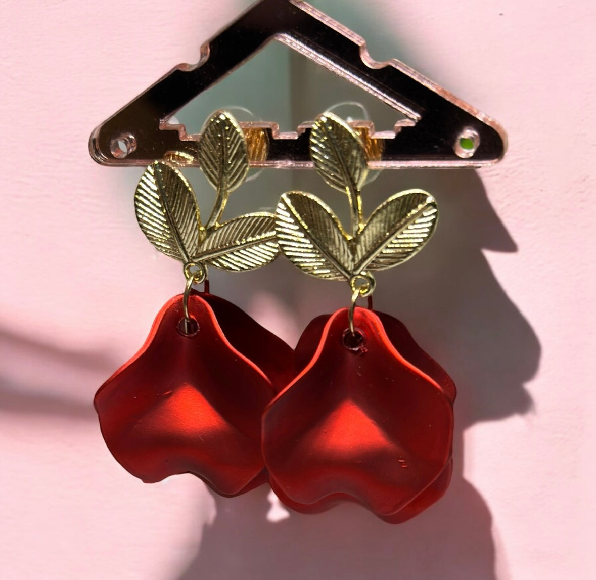 Hot red iridescent flower earrings | golden leaf style