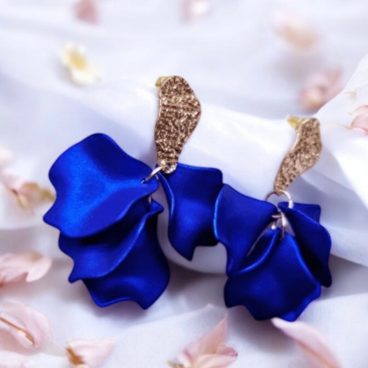 Royal blue iridescent flower earrings | rose petals statement earrings | unique golden bar floral earrings | bridal party wedding earrings