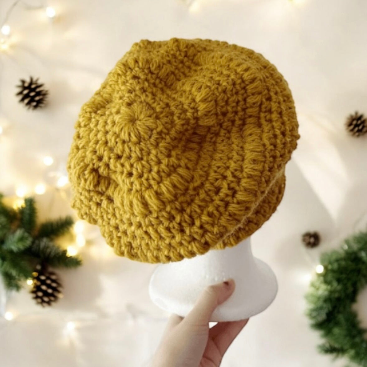 Handmade Mustard crochet Slouchy Beanie | Chrochet Beret | Slouchy Hat in mustard | Knit beanie in yellow | cozy winter beret hat