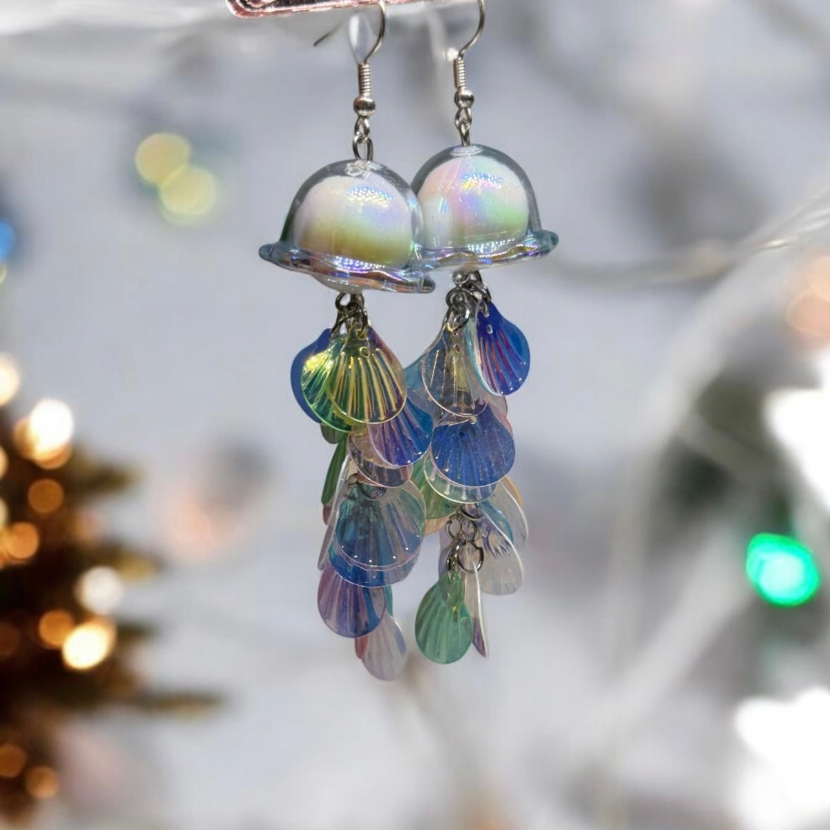 Mermaid blue Jellyfish earrings | sea creature zoology earrings | colourful clear iridescent dangle earrings | halgoram fun y2k earrings