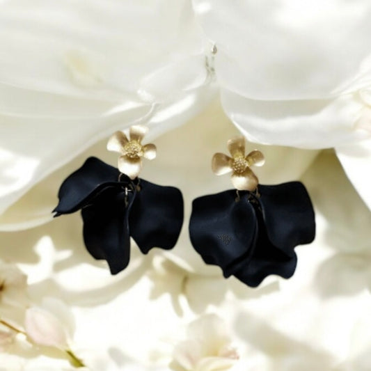 Pure black flower earrings |dangly earrings | matte petals bar statement earrings | unique gold bridal floral earrings