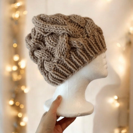 Handknit Chunky Cable Slouchy Beanie | Knit Beret | Slouchy Hat in brown| Knit beanie in coffee | Fluffy and cozy winter hat