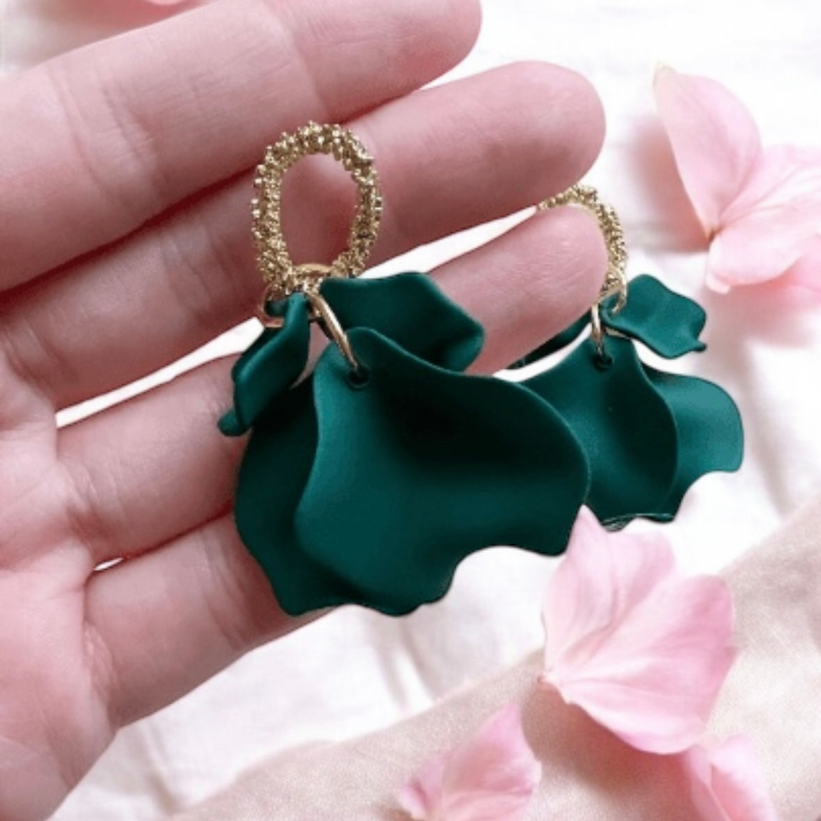 Dark green matte flower earrings |dangly earrings | frosted petals hoop statement earrings | unique gold geometric floral earrings