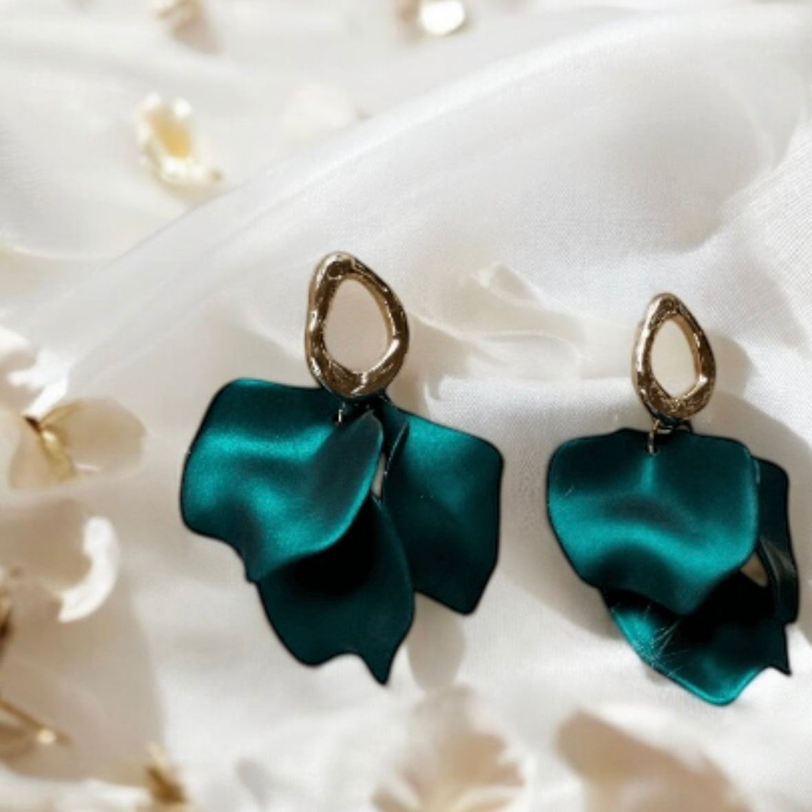 Emerald green iridescent flower earrings | leaf and petals drop statement earrings | unique gold geometric floral earrings