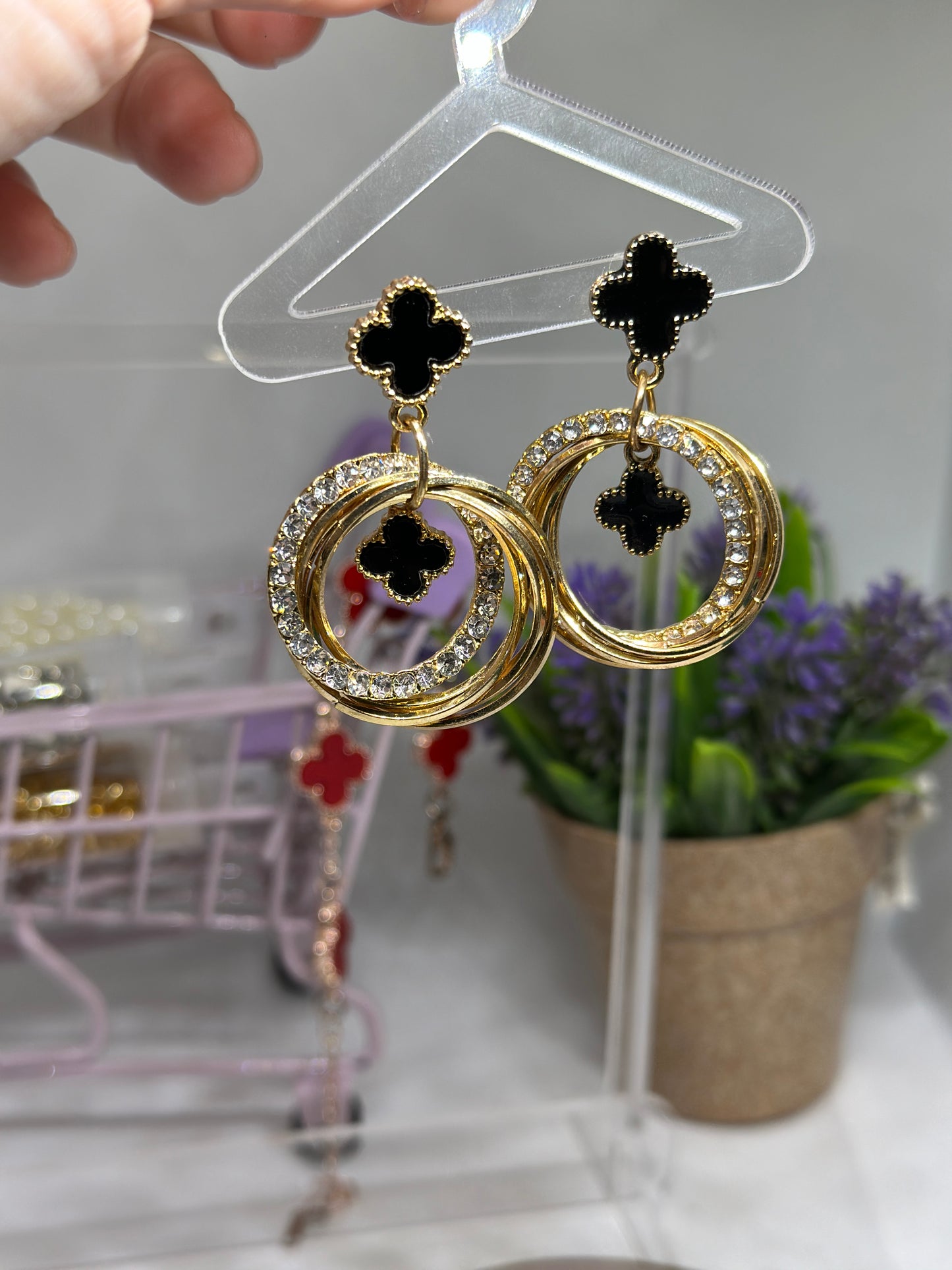 Golden clover earrings | rhinestone elegant earrings