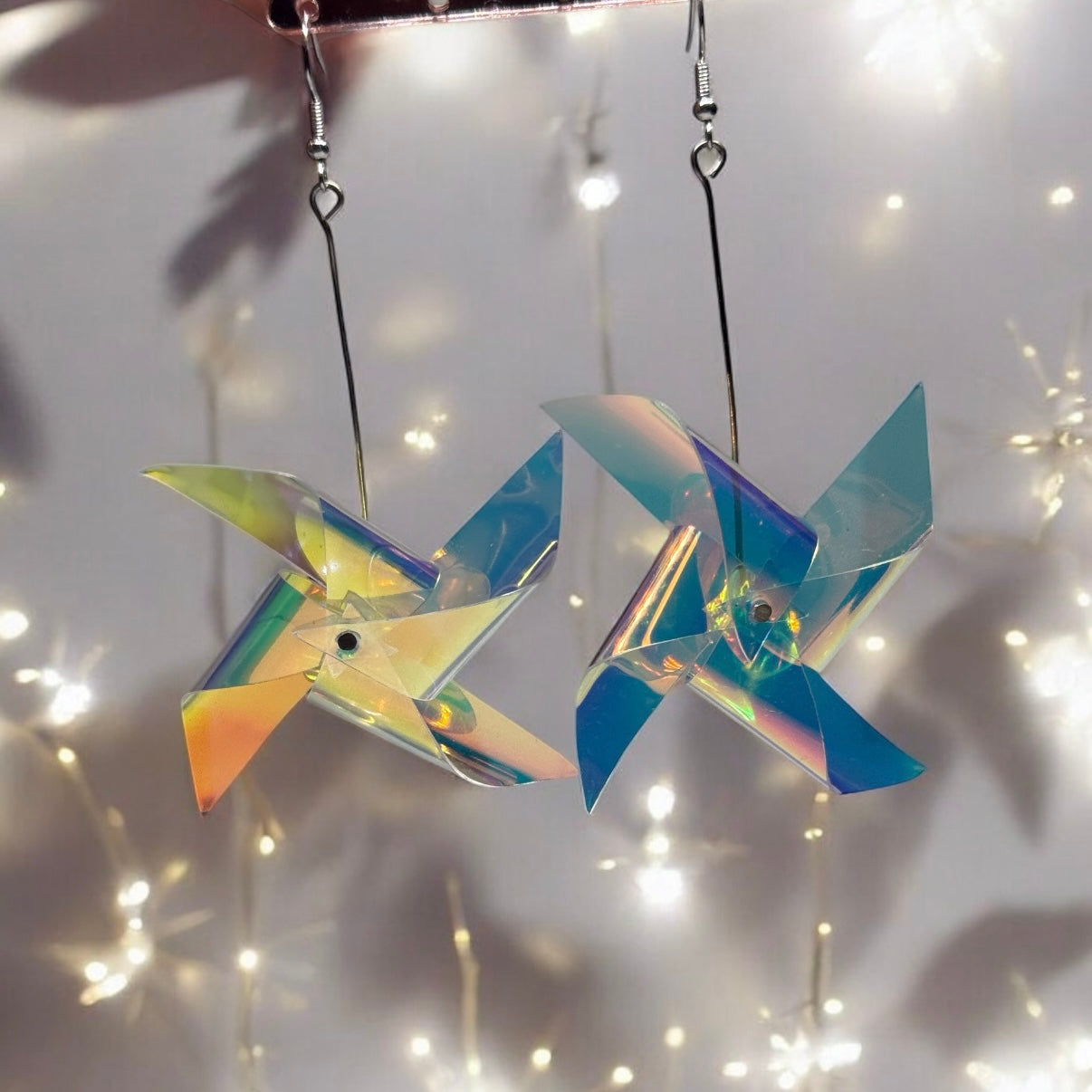 Large Iridescent windmill earrings | transparent hologram pinwheel kawaii dangle earrings | pop art aesthetic y2k fun drop earrings