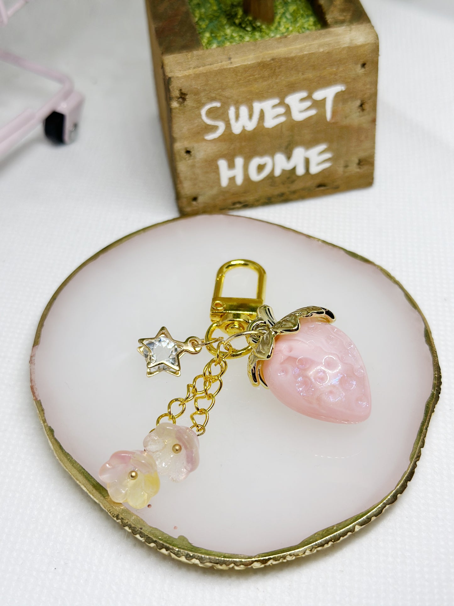 Pink jelly Strawberry bag charm | key chain | golden chain with heart bucket | y2k chain bag lover gift