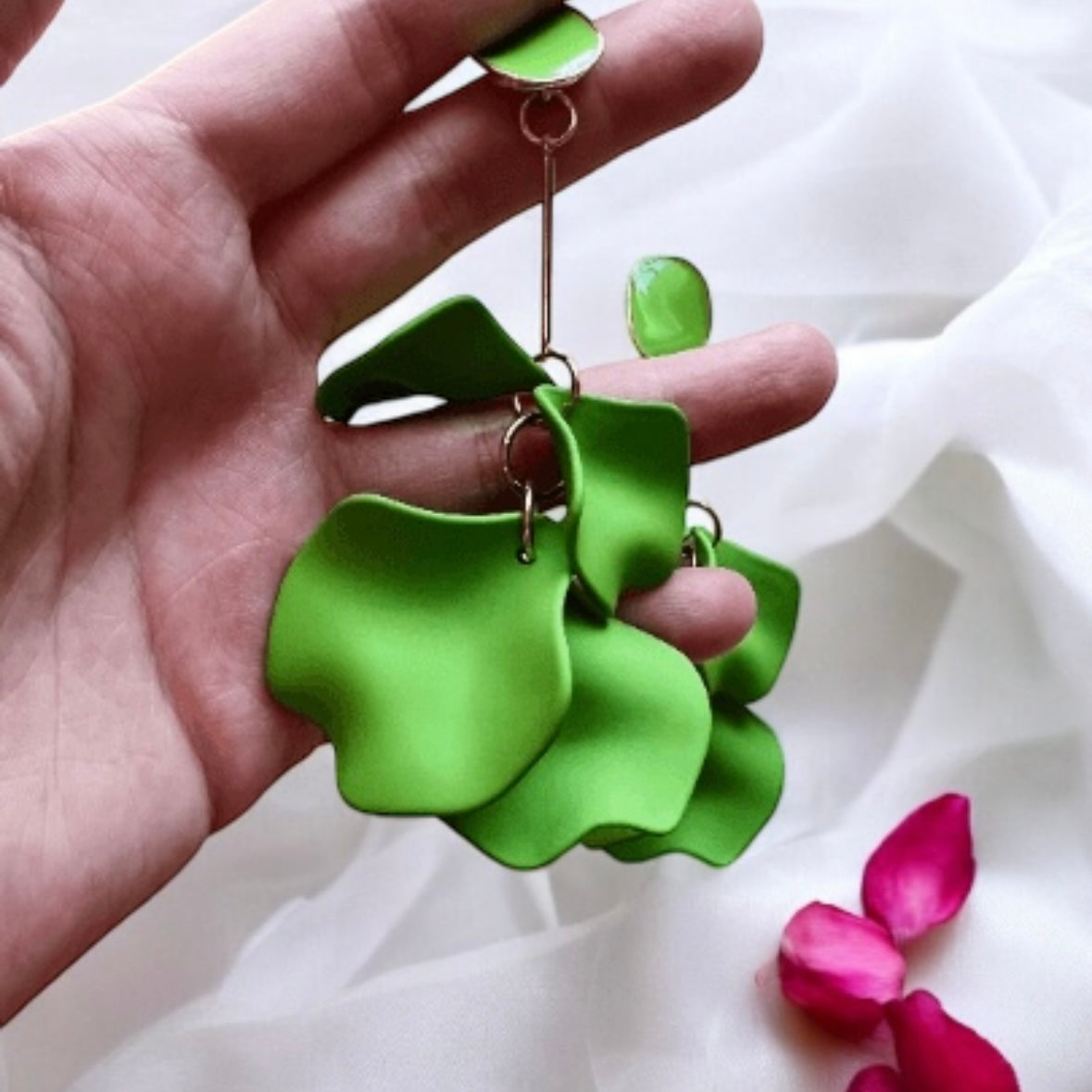 Shamrock light green flower earrings |dangly earrings | frosted petals hoop statement earrings | unique gold geometric floral earrings