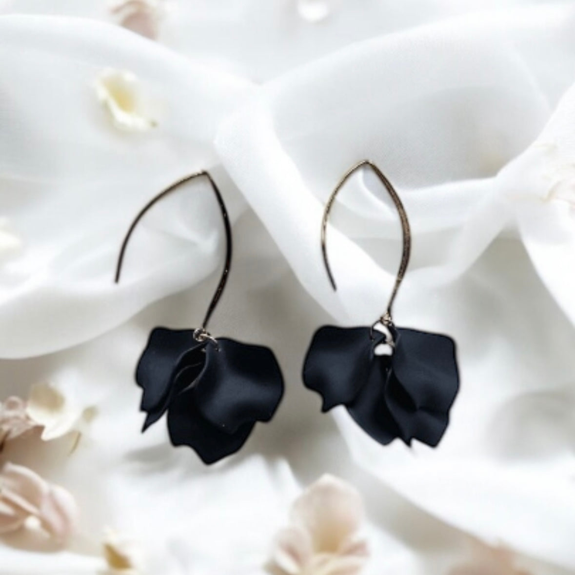 Pure black flowers earrings | frosted petals hoop earrings | unique floral earrings | golden crumpled geometric floral bridal earrings