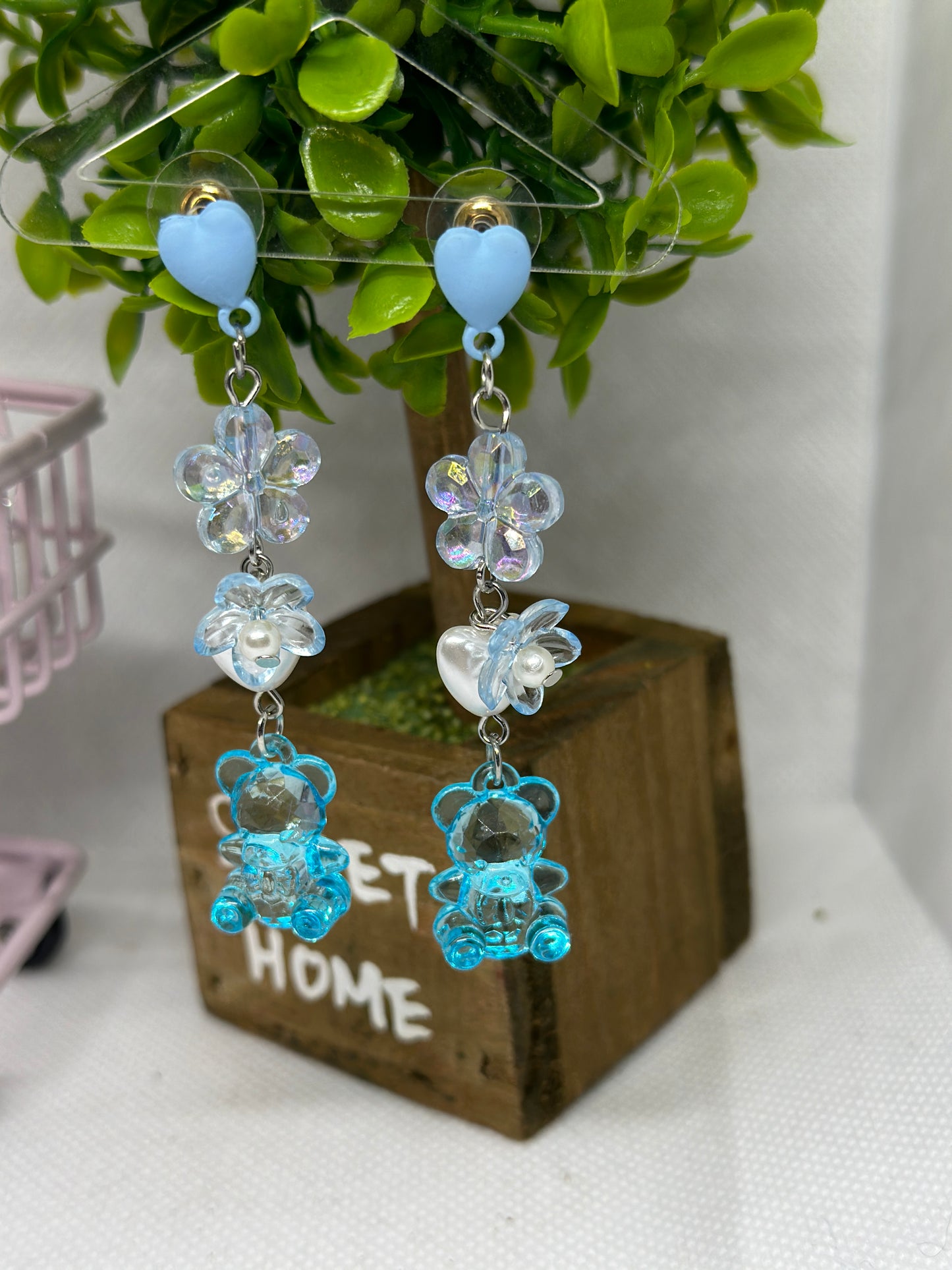 Blue glitter teddy bear earrings