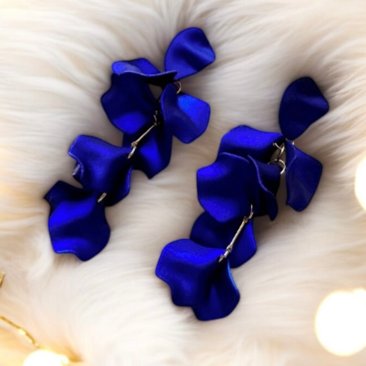 Royal blue iridescent flower earrings | rose petals statement earrings | unique golden bar floral earrings | bridal party wedding earrings