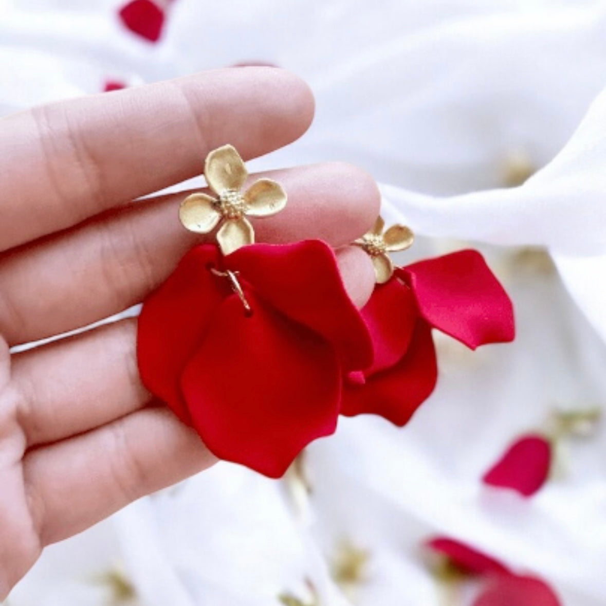 Hot red flower earrings | dangle petals baroque earrings | unique golden chain floral earrings | bridal party wedding earrings