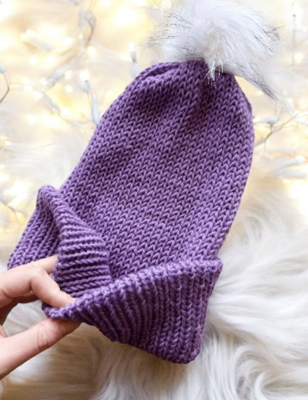 Handmade Double layered Knit beanie with faux fur pompom | Fur Pom Pom hat | Winter Knit Hat | Australian merino wool purple hat