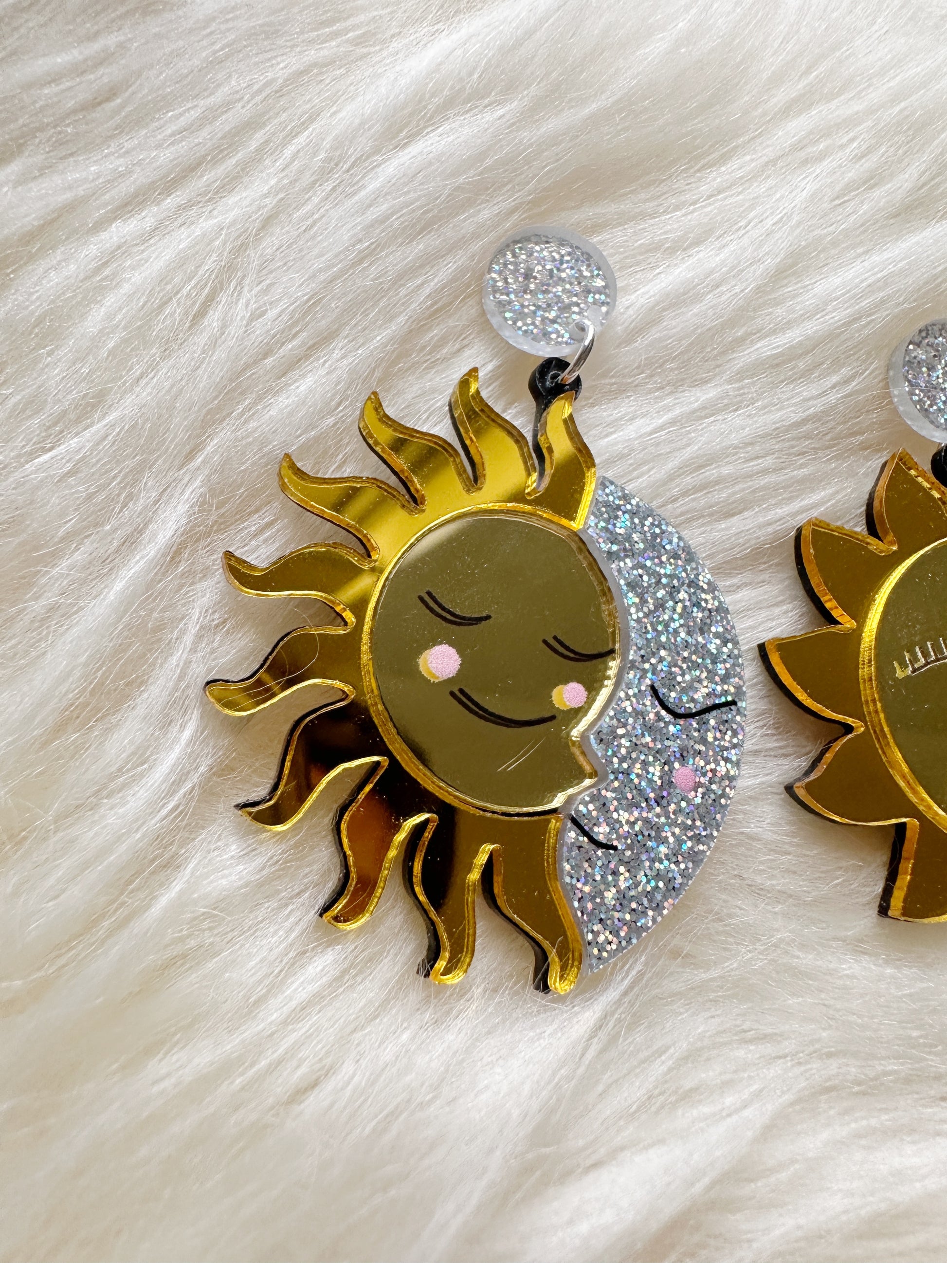 Sun and moon earrings | cloud iridescent earrings | galaxy earrings | shinny quirky fun cute earrings - TuttyKnitty