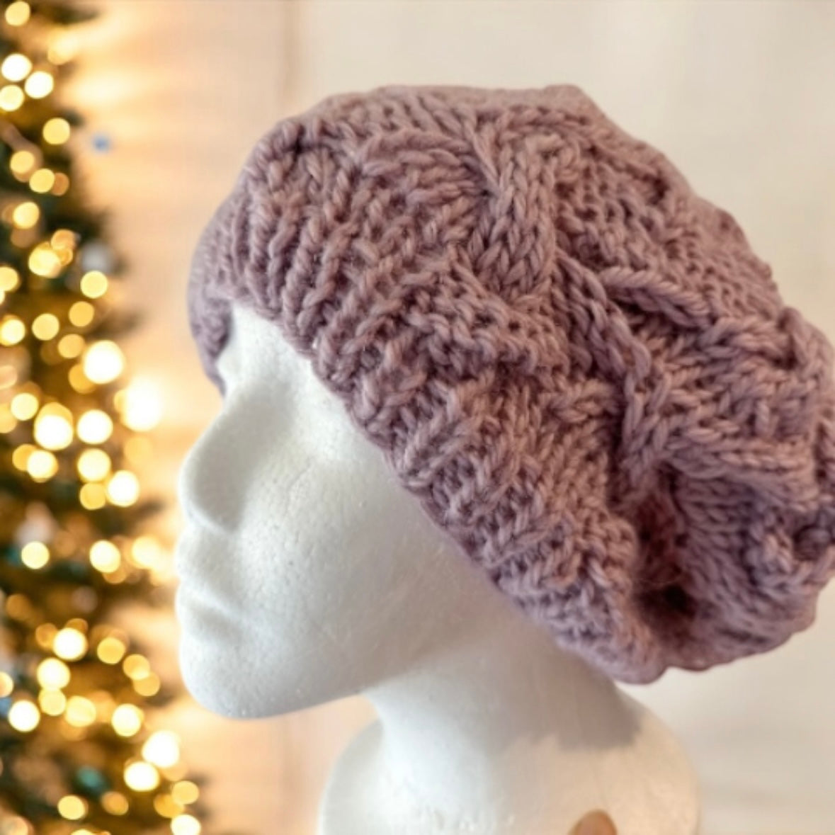 Handknit Cable Slouchy Beanie | Knit Beret | Slouchy Hat in keepsake lilac | Knit beanie fluffy wool cozy winter hat