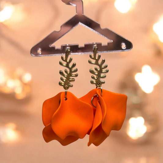 Orange -  flower earrings | dangle petals statement earrings | unique golden bar floral earrings | bridal party wedding earrings - TuttyKnitty