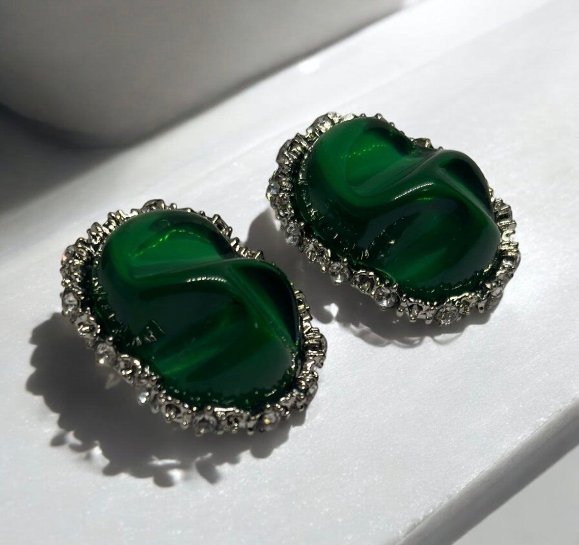 Emerald green resin earrings | silver frame with rhinestone irregular shaped earrings | modern retro party earrings | oversize stud earrings