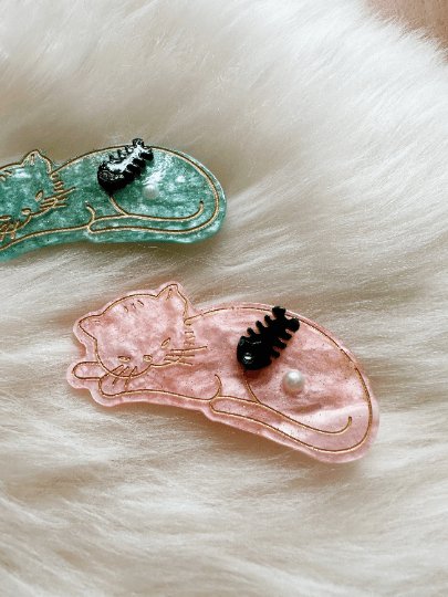 2 pack Sleepy cat acetate hair clips | Colourful barrette clips| korean hair accessories| animal hair clip | gift for cat lover - TuttyKnitty