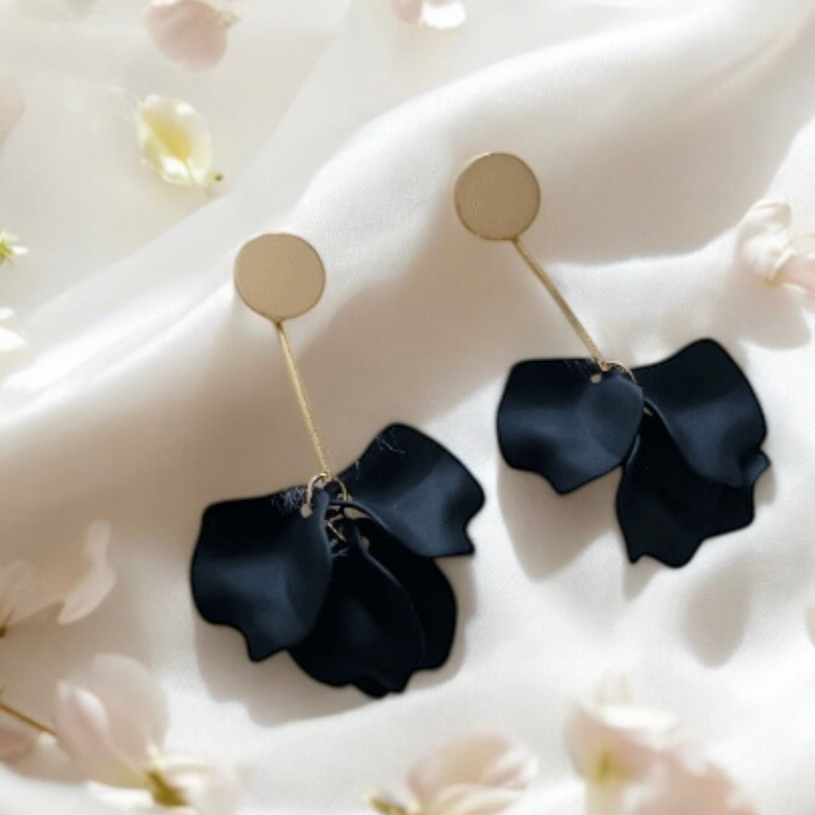 Pure black flowers earrings | frosted petals hoop earrings | statement earrings | golden crumpled geometric floral bridal earrings