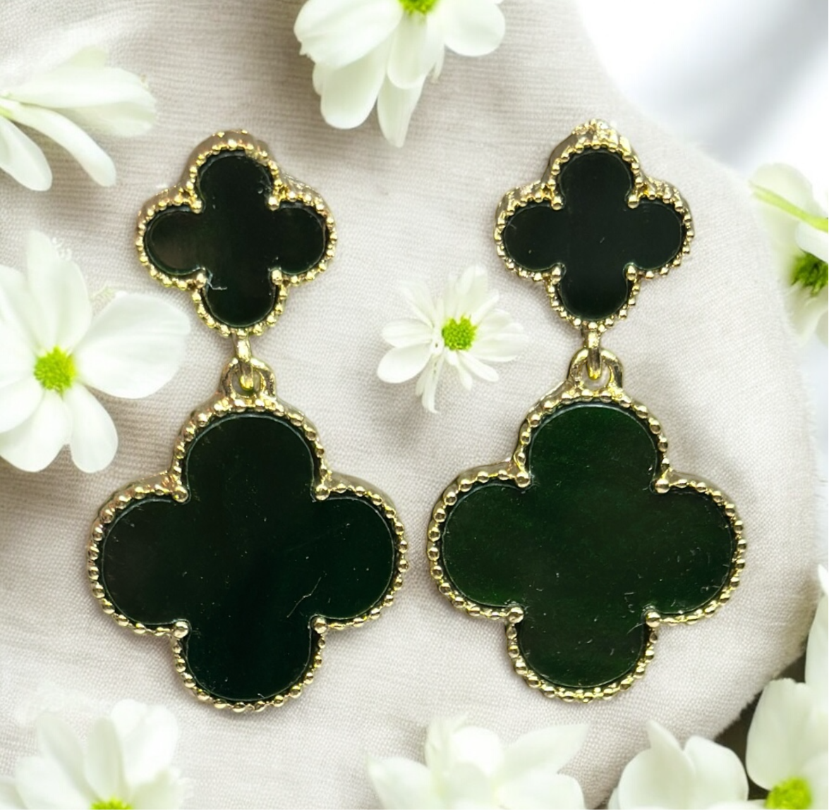 Golden clover earrings with colourful stone | aesthetic | elegant earrings