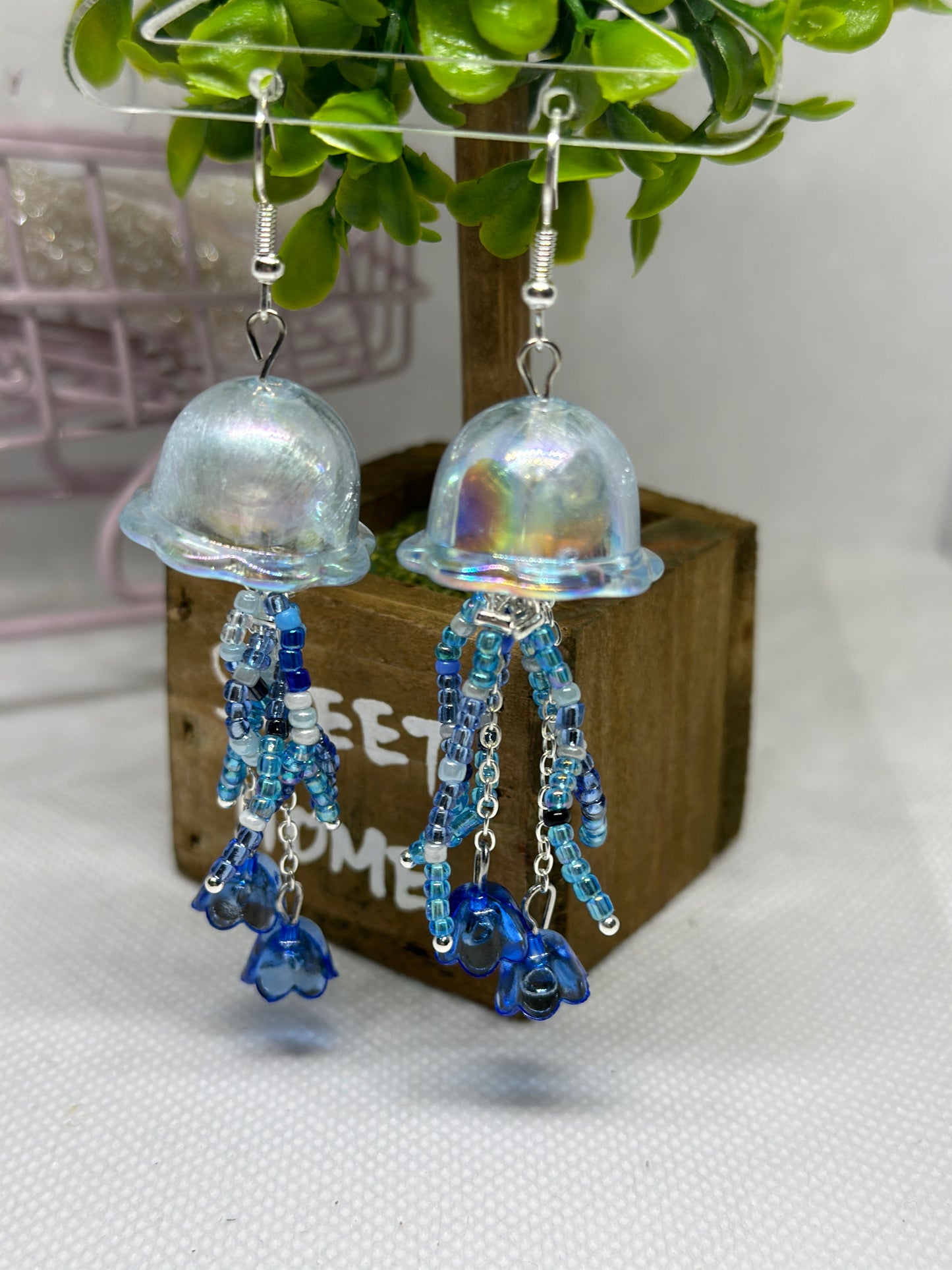 Beaded tentacles Jellyfish earrings | sea creature earrings | colourful clear iridescent dangle earrings | halgoram fun y2k earrings