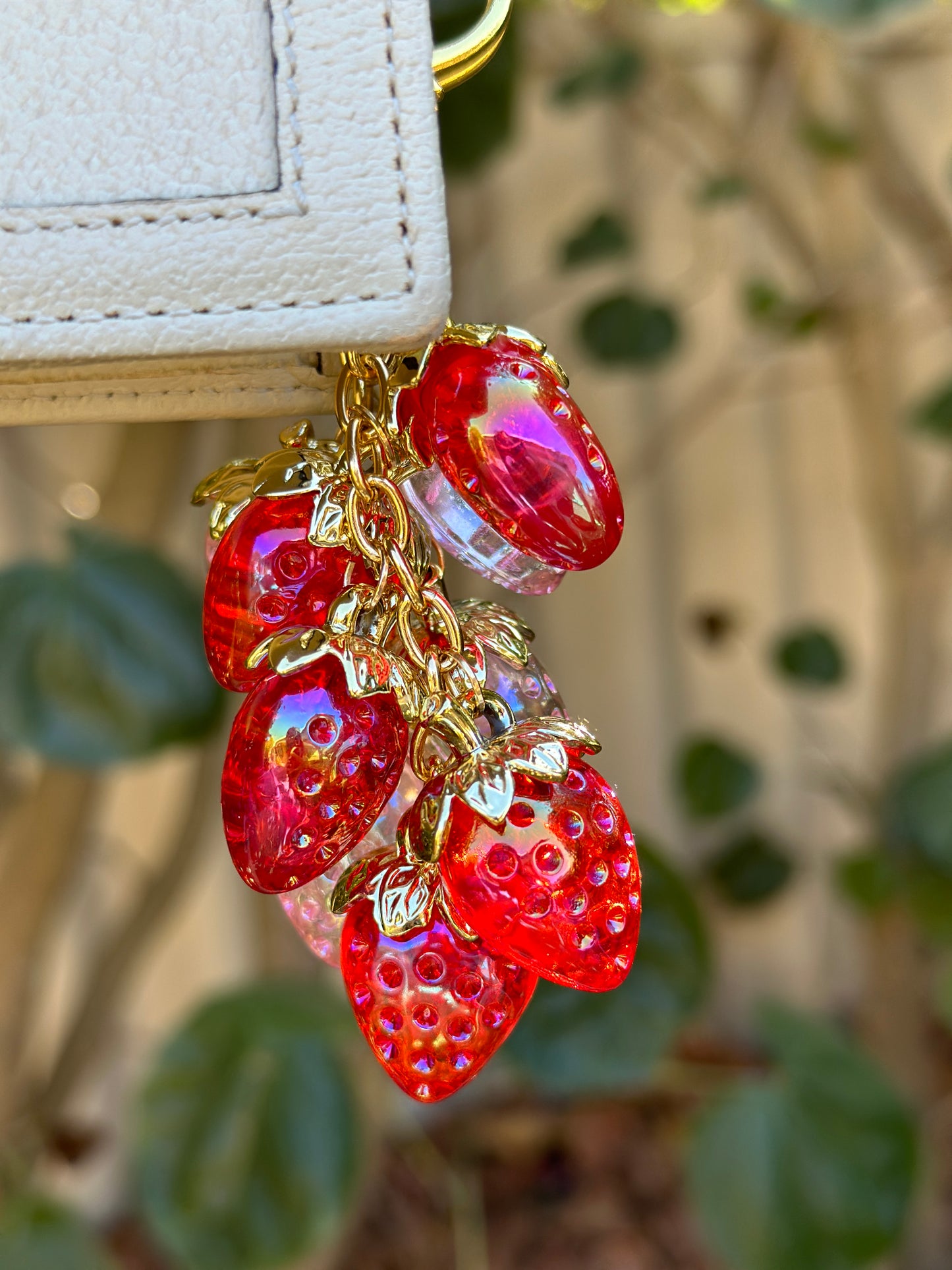 Strawberry bag charm | key chain | golden chain with heart bucket | y2k chain | bag lover gift | lux keychain - TuttyKnitty