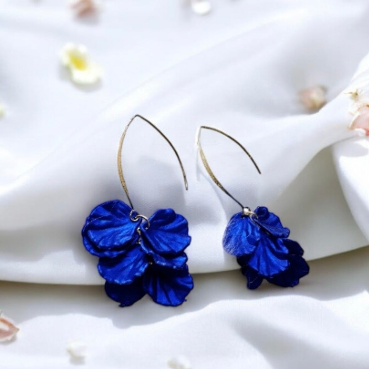 Royal blue iridescent flower earrings | gold shinny shell petals dangle earrings |unique floral earrings | bridal party wedding earrings