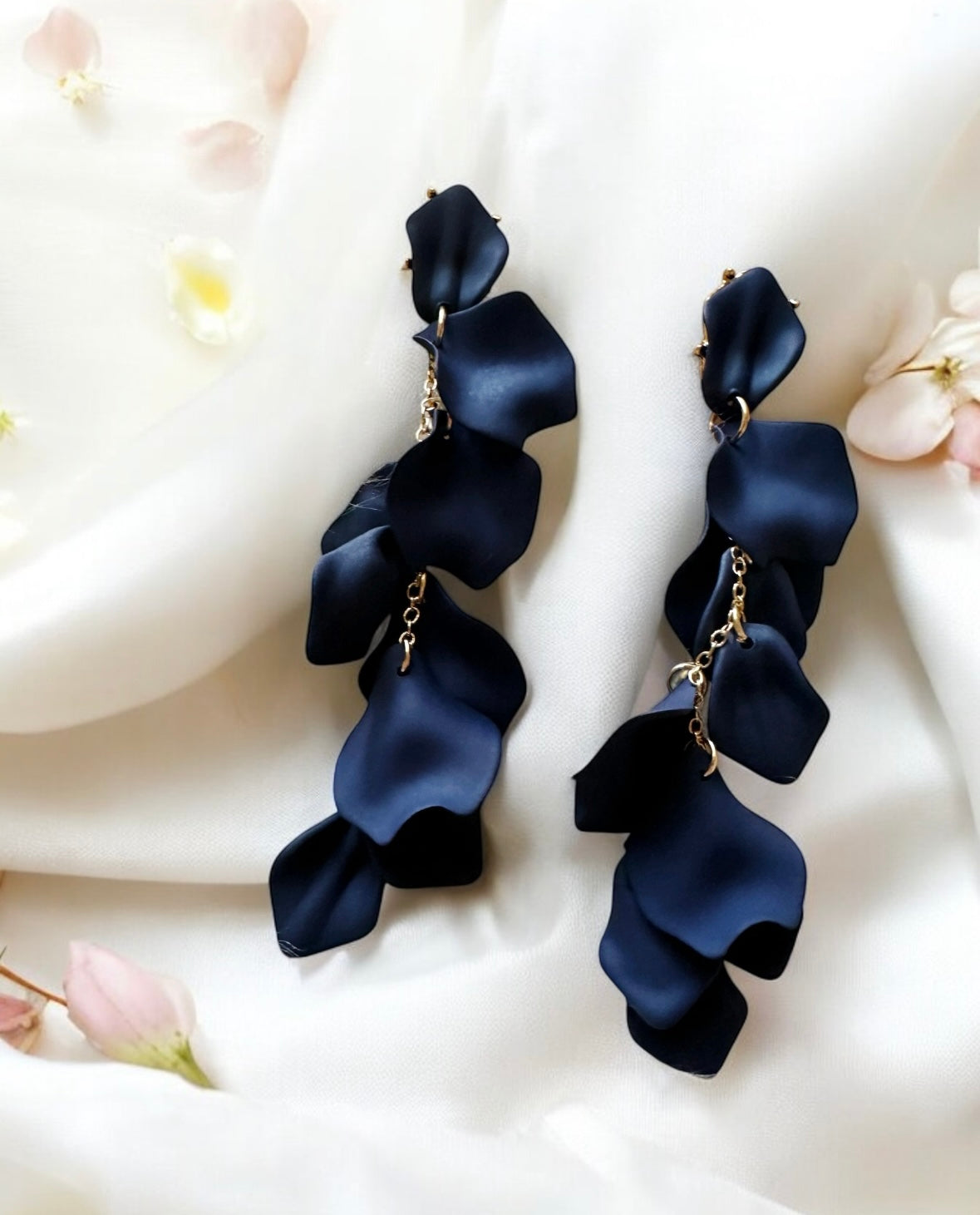 Navy blue flowers earrings | frosted iridescent petals earrings | gold & blue floral earrings | bridal party wedding earrings