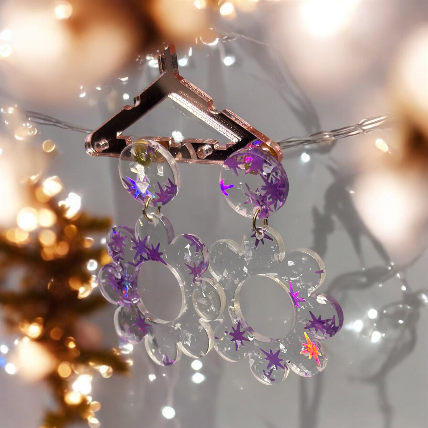 Purple flower glitter acetate earrings