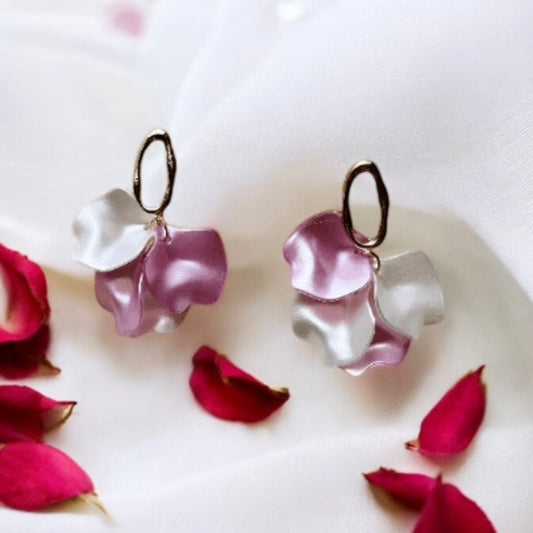 Pink and pearl flower earrings | dangly earrings | frosted petals hoop oversize statement | golden disc geometric floral lightweight Inactive