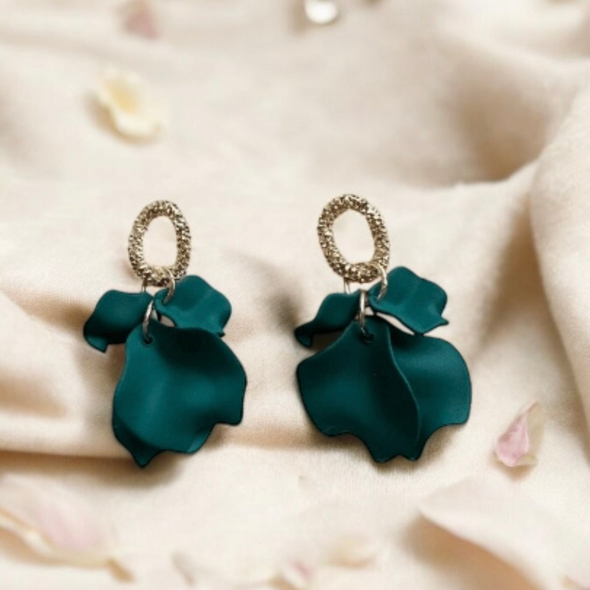 Dark green matte flower earrings |dangly earrings | frosted petals hoop statement earrings | unique gold geometric floral earrings