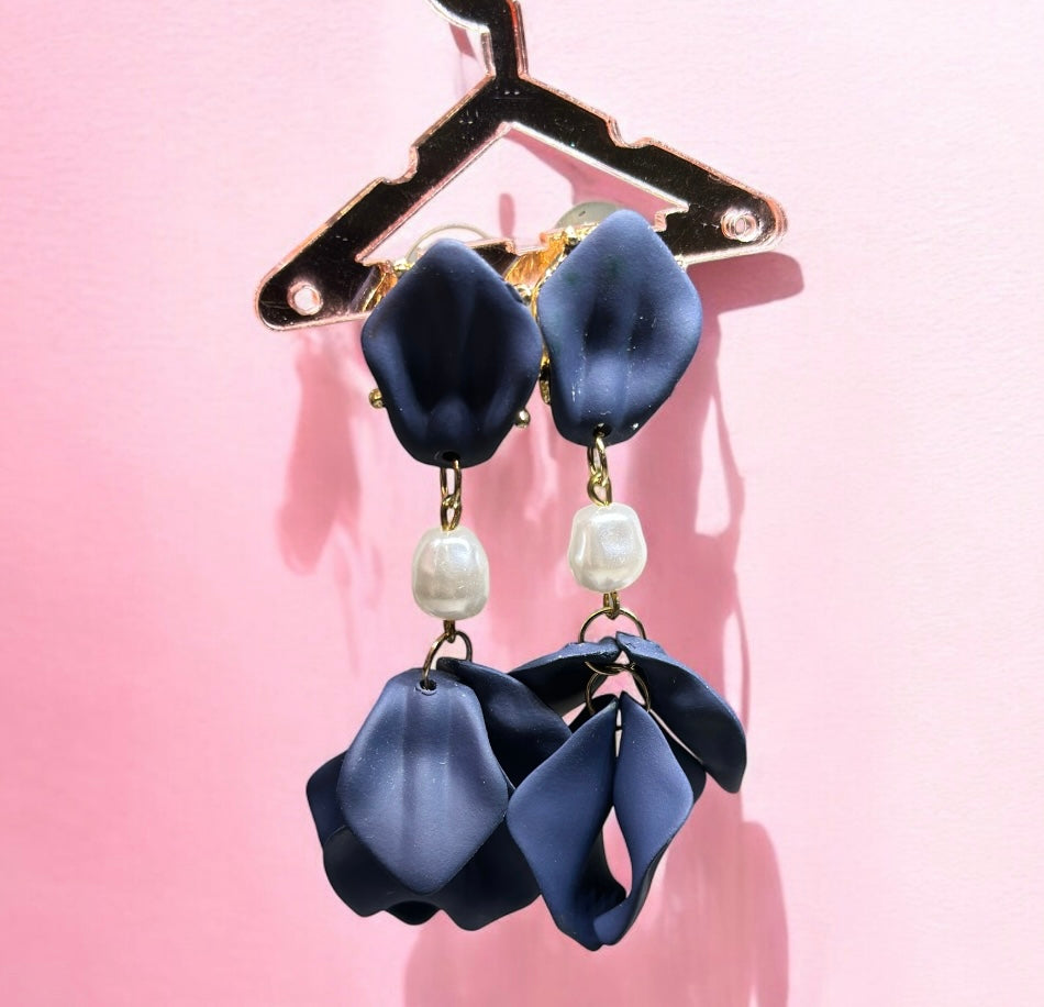 Navy blue flowers earrings | frosted iridescent petals earrings |pearly floral earrings | bridal party wedding earrings