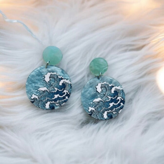 Ocean Blue circle shaped earrings with blue waves | stormy sea dangle earrings | oriental style decor drop earrings| cute kawaii earrings